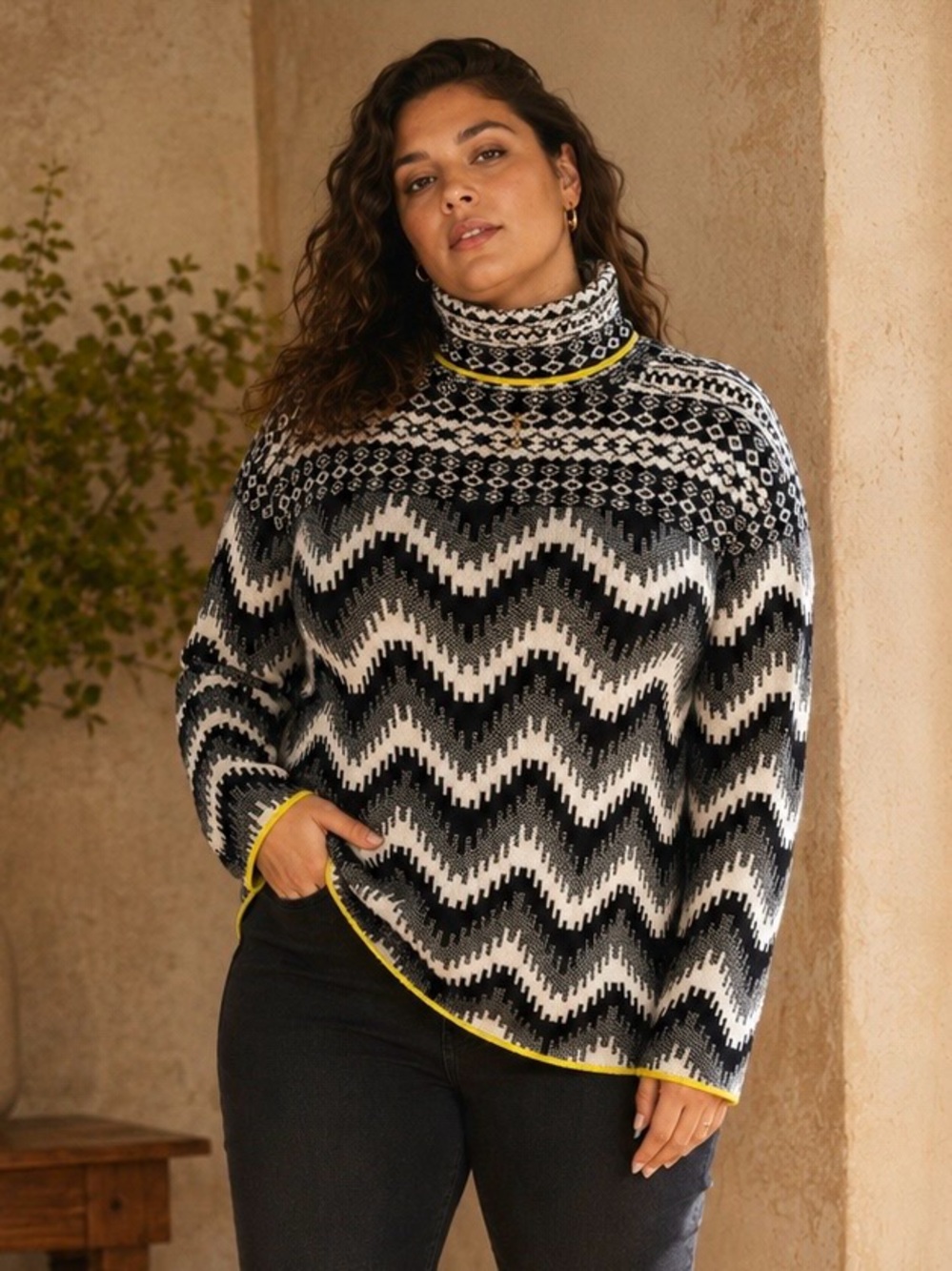 Anthropologie Black, White & Yellow Fair Isle Zigzag Cowl Sweater